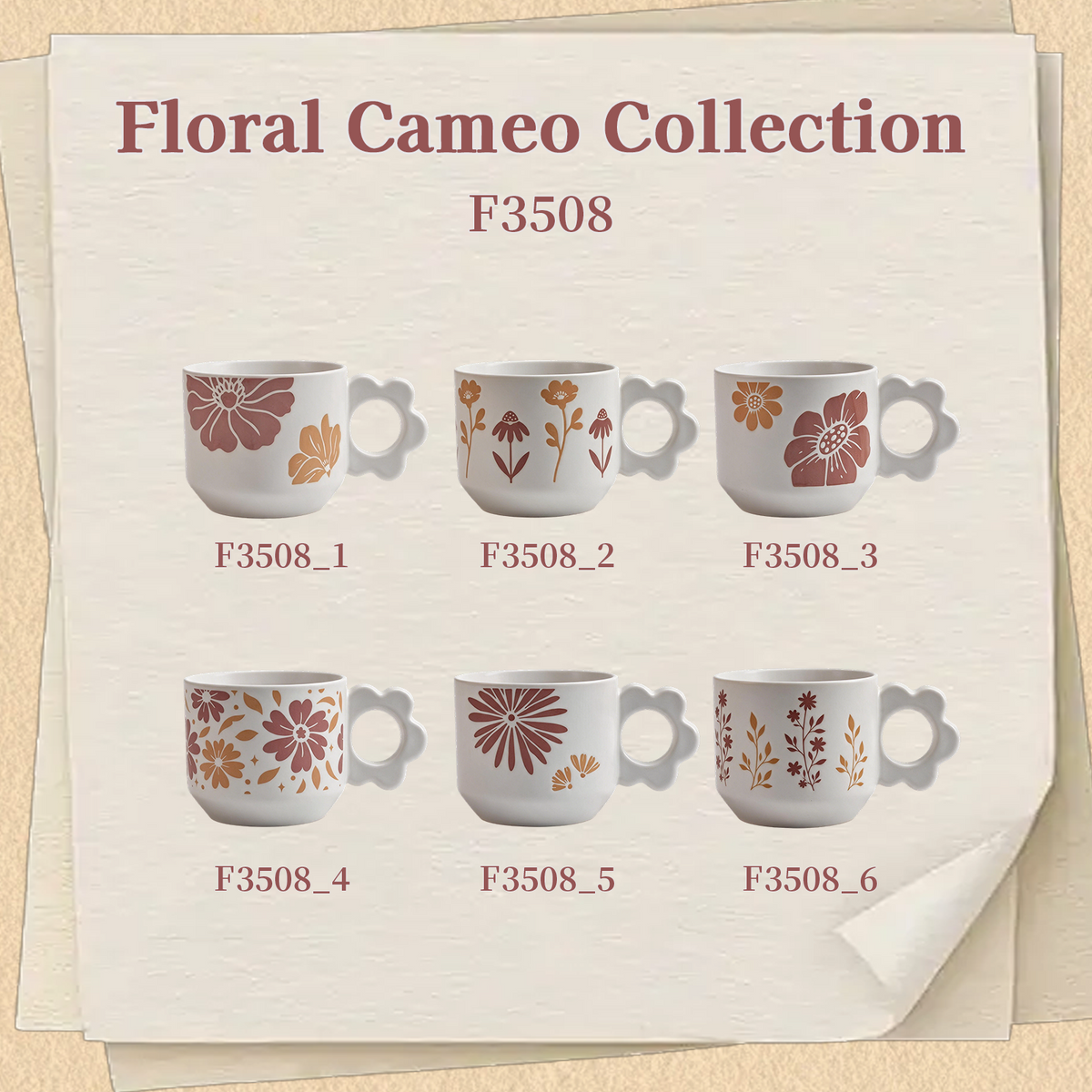 Floral Cameo Collection – All-over Registered Screen Printing, Flower-shaped Handle Ceramic Mug Set