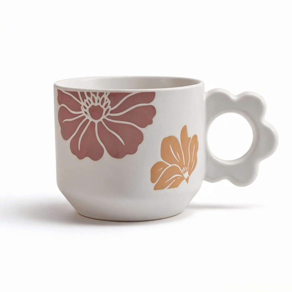 Floral Cameo Collection – All-over Registered Screen Printing, Flower-shaped Handle Ceramic Mug Set