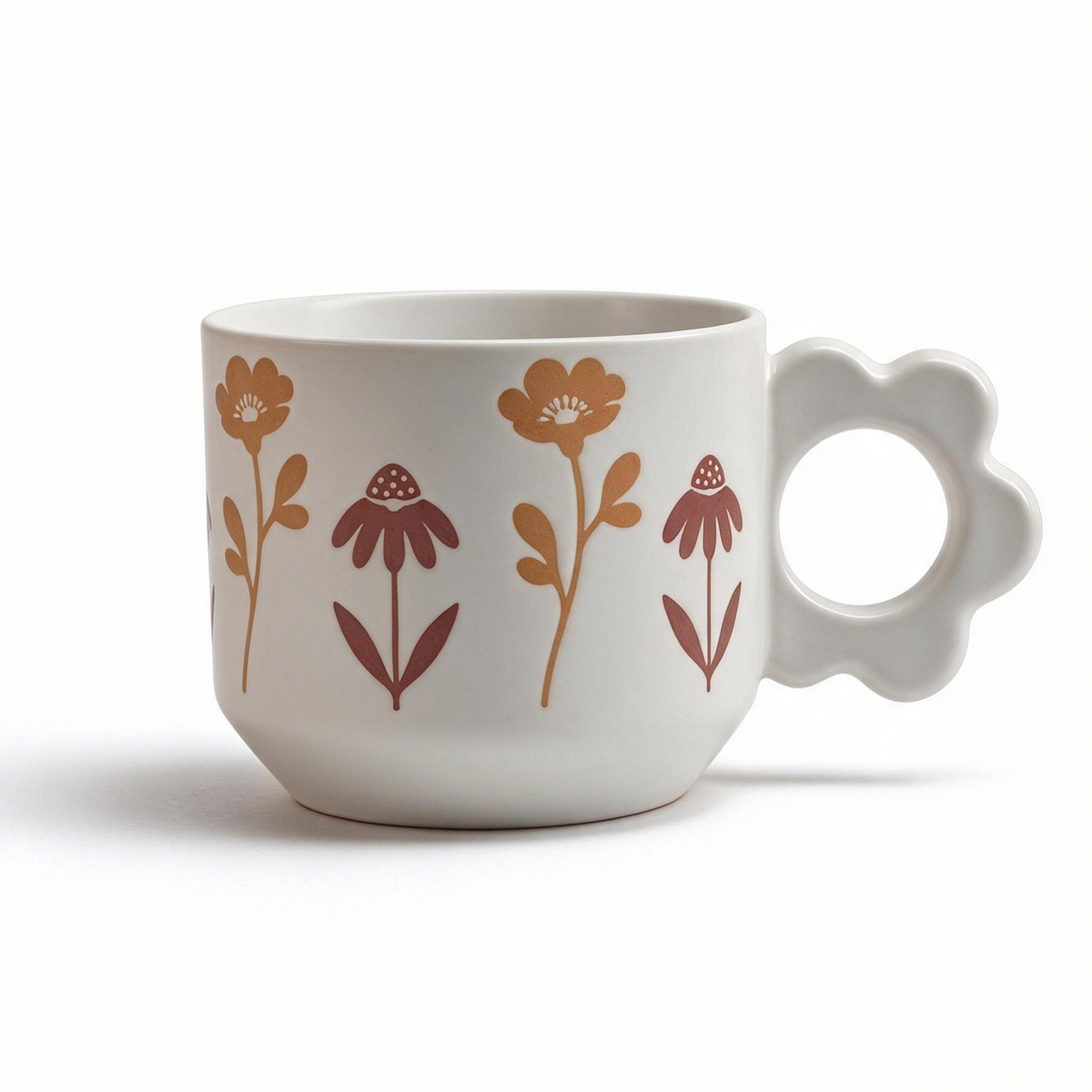 Floral Cameo Collection – All-over Registered Screen Printing, Flower-shaped Handle Ceramic Mug Set