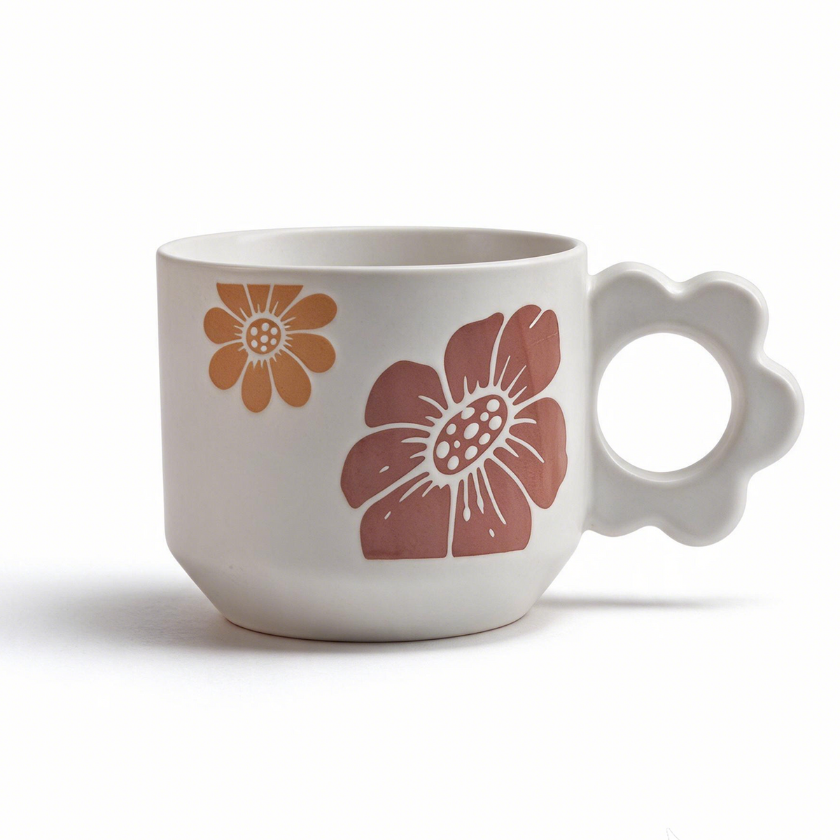 Floral Cameo Collection – All-over Registered Screen Printing, Flower-shaped Handle Ceramic Mug Set