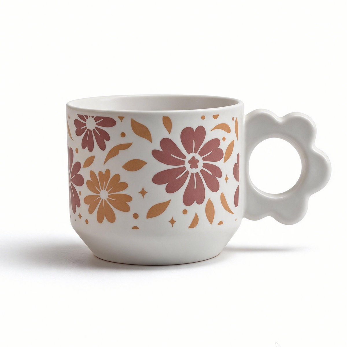 Floral Cameo Collection – All-over Registered Screen Printing, Flower-shaped Handle Ceramic Mug Set