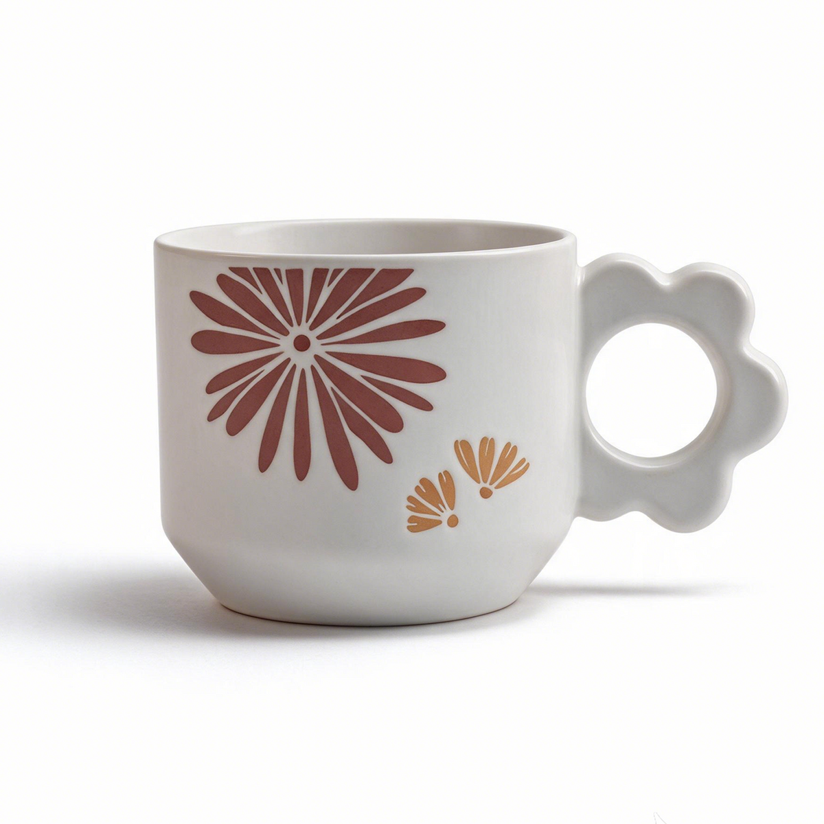 Floral Cameo Collection – All-over Registered Screen Printing, Flower-shaped Handle Ceramic Mug Set