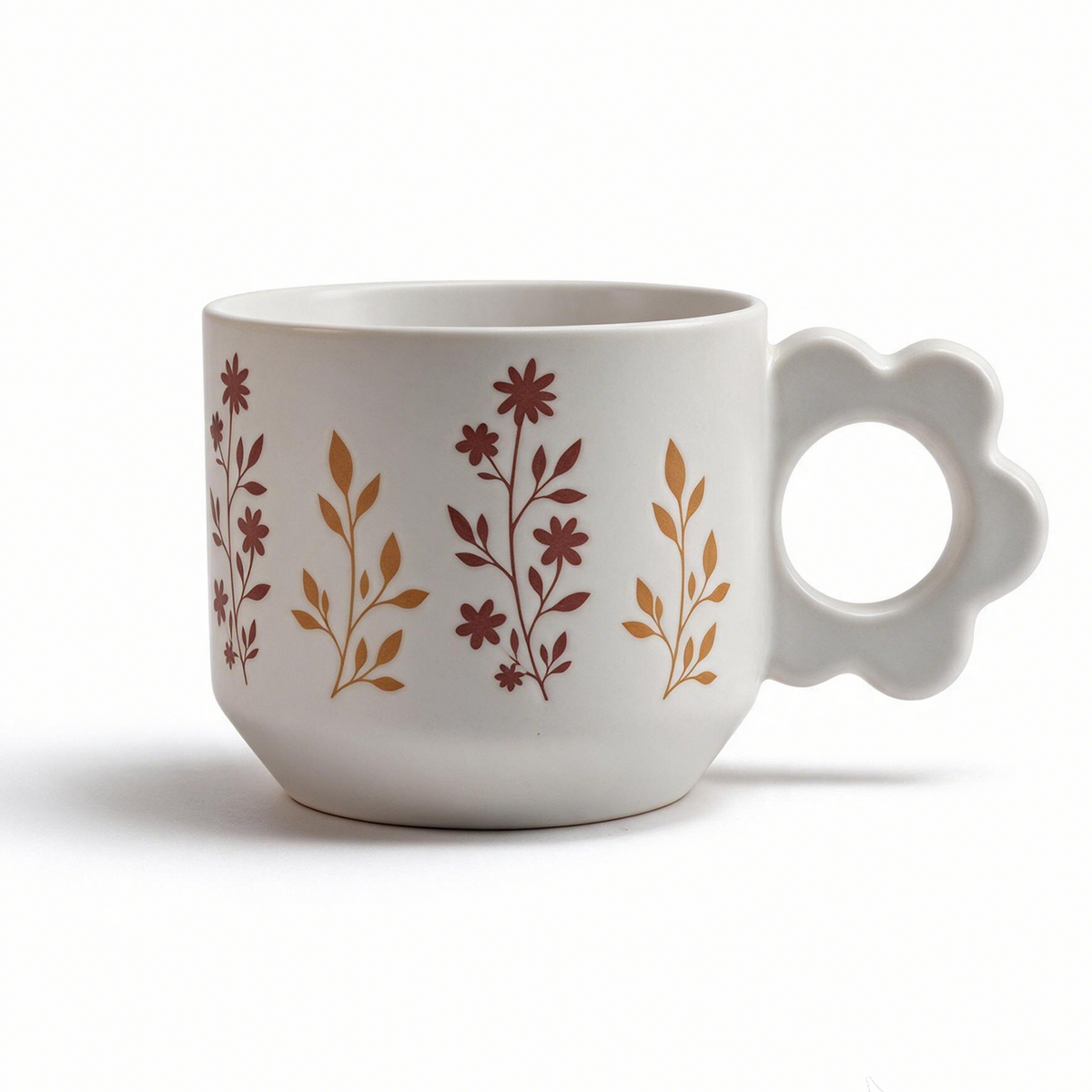 Floral Cameo Collection – All-over Registered Screen Printing, Flower-shaped Handle Ceramic Mug Set