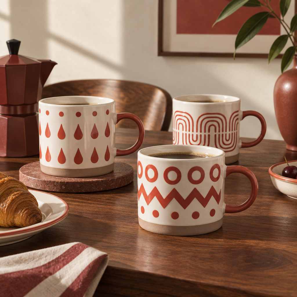 Geo Rhythm Collection – Full-Body Screen Printing & Base Dipped Slip Ceramic Mug Set
