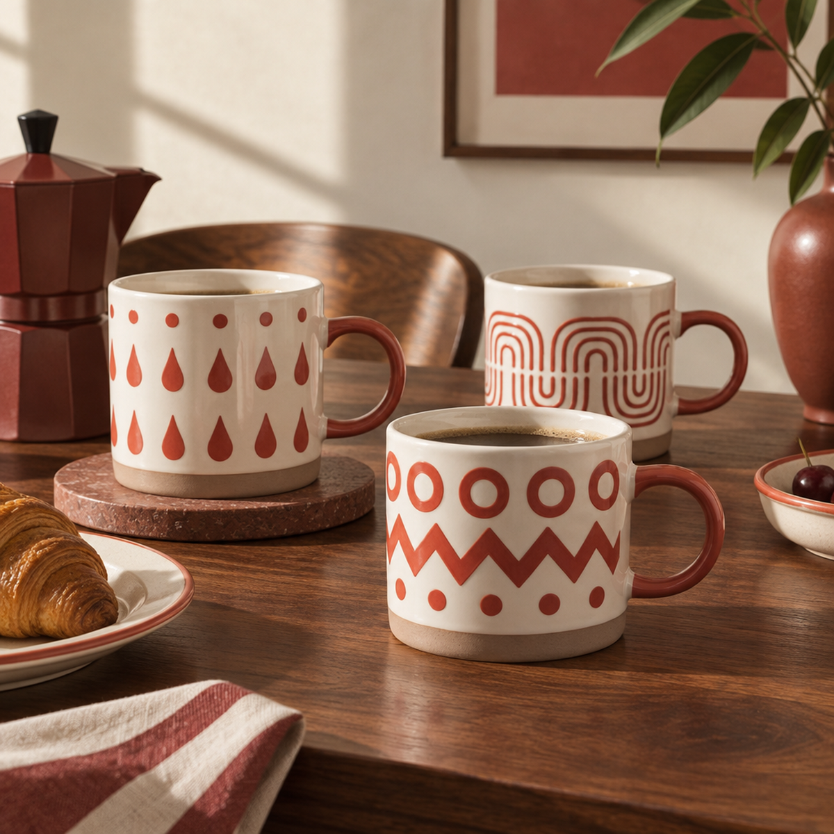 Geo Rhythm Collection – Full-Body Screen Printing & Base Dipped Slip Ceramic Mug Set