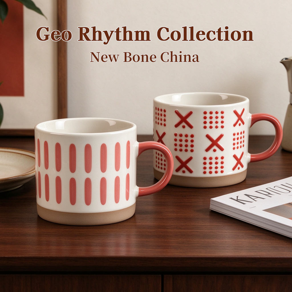Geo Rhythm Collection – Full-Body Screen Printing & Base Dipped Slip Ceramic Mug Set